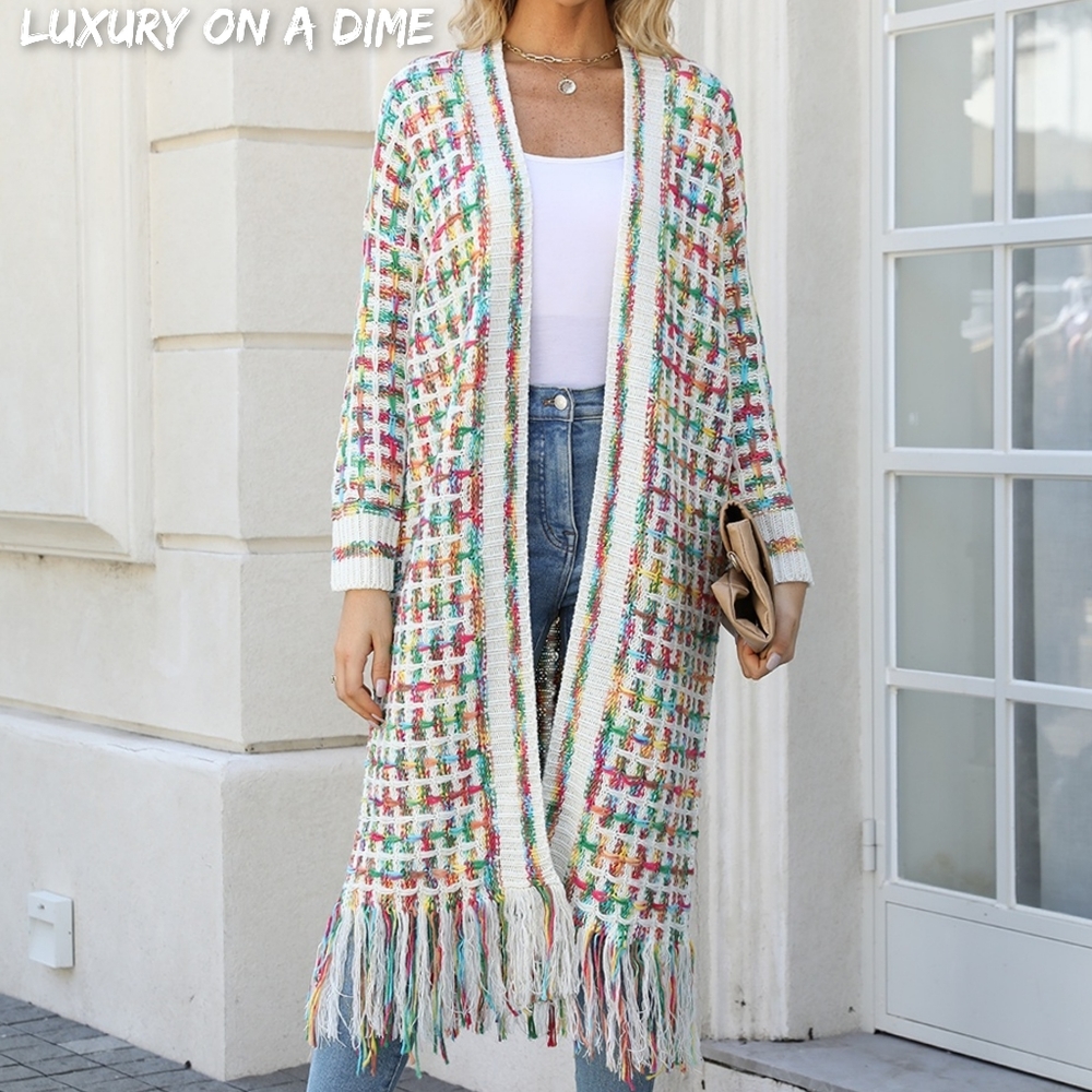 Retro Knit Fringe Hem Longline Duster Sweater Cardigan Minimalist Hippie Rainbow